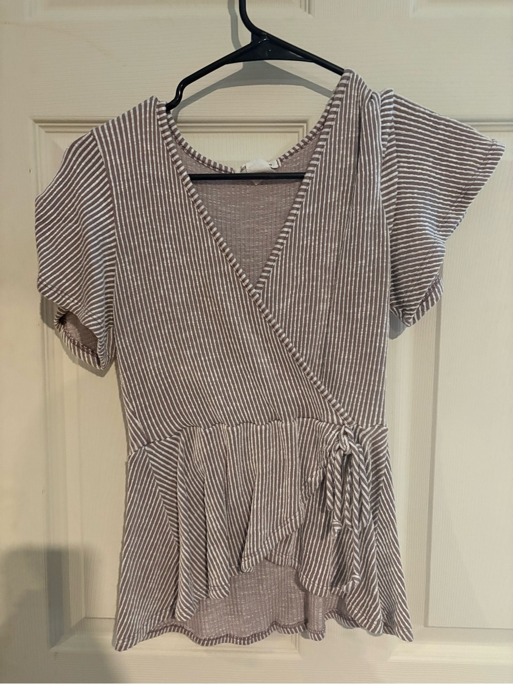 Caution To The Wind Taupe and White Striped Short Sleeve Wrap Tee